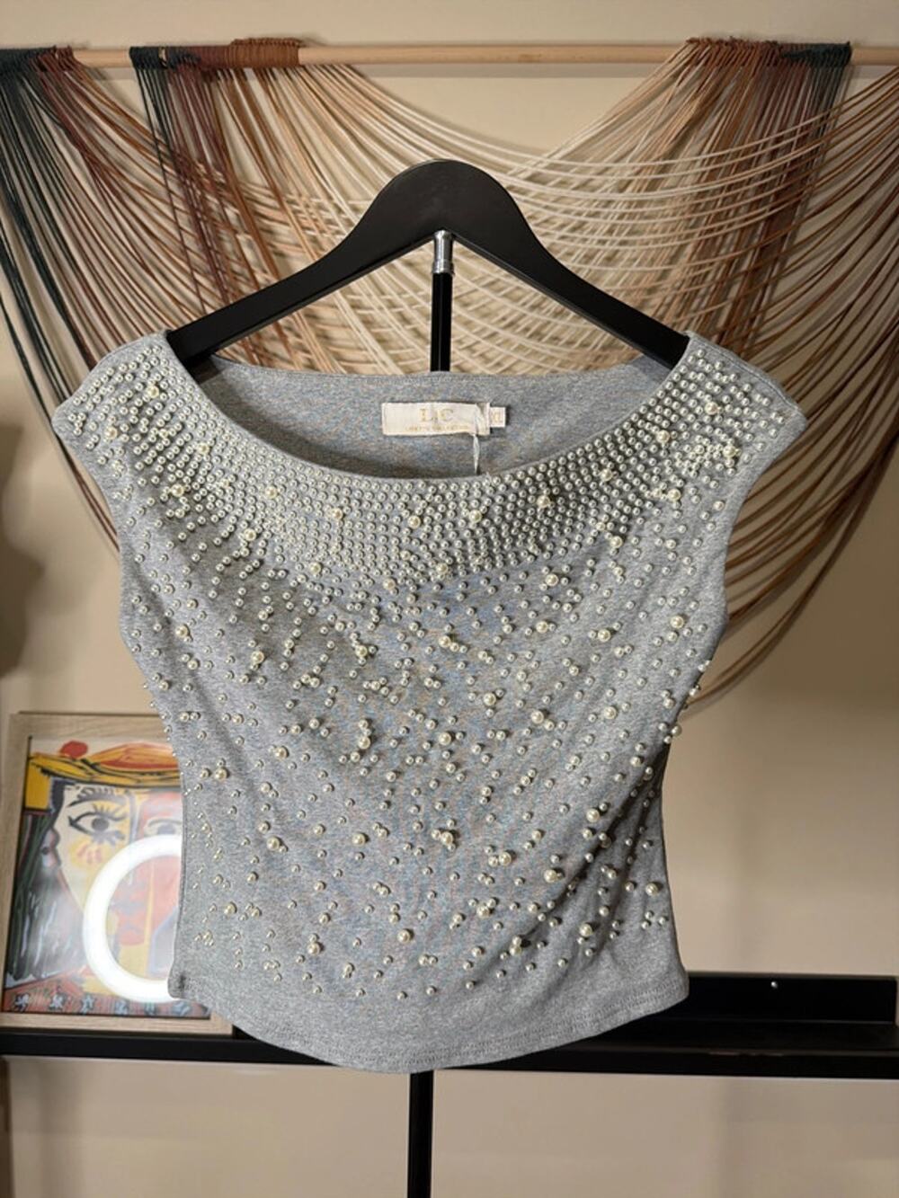 Lizette collection grey top with pearl beads NWT 2635